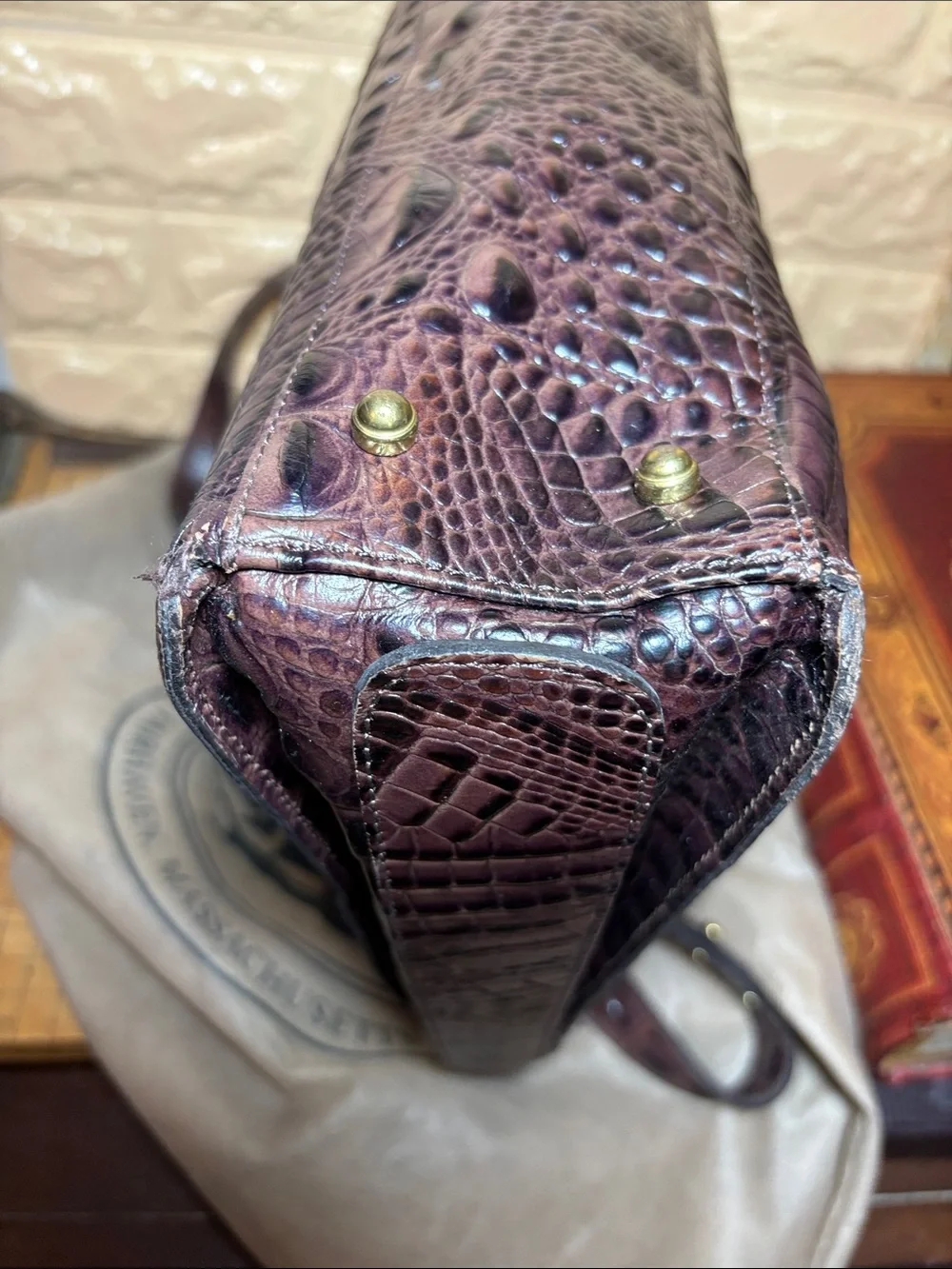 Brahmin Croc-Embossed Leather Shoulder Bag in Dark Brown w Burgundy Tones